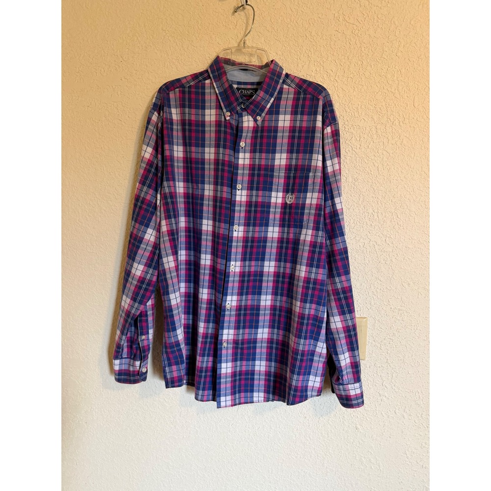 Chaps Mens XL Blue Pink Plaid Easy Care Long Sleeve Button Down Shirt Logo